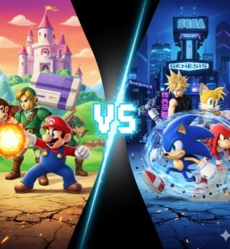 Ilustración épica que representa la histórica rivalidad Nintendo vs Sega durante la guerra de consolas de 16 bits. En el lado izquierdo aparecen Mario, Link, Donkey Kong y Yoshi junto a la consola Super Nintendo en un entorno fantástico con castillo medieval. En el lado derecho destacan Sonic, Tails, Knuckles y Cloud frente a la Sega Genesis en una ciudad futurista iluminada con neones. En el centro se muestra un “VS” que simboliza la batalla entre SNES y Mega Drive, una de las comparativas más icónicas de los videojuegos retro de los años 90.