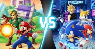 Ilustración épica que representa la histórica rivalidad Nintendo vs Sega durante la guerra de consolas de 16 bits. En el lado izquierdo aparecen Mario, Link, Donkey Kong y Yoshi junto a la consola Super Nintendo en un entorno fantástico con castillo medieval. En el lado derecho destacan Sonic, Tails, Knuckles y Cloud frente a la Sega Genesis en una ciudad futurista iluminada con neones. En el centro se muestra un “VS” que simboliza la batalla entre SNES y Mega Drive, una de las comparativas más icónicas de los videojuegos retro de los años 90.
