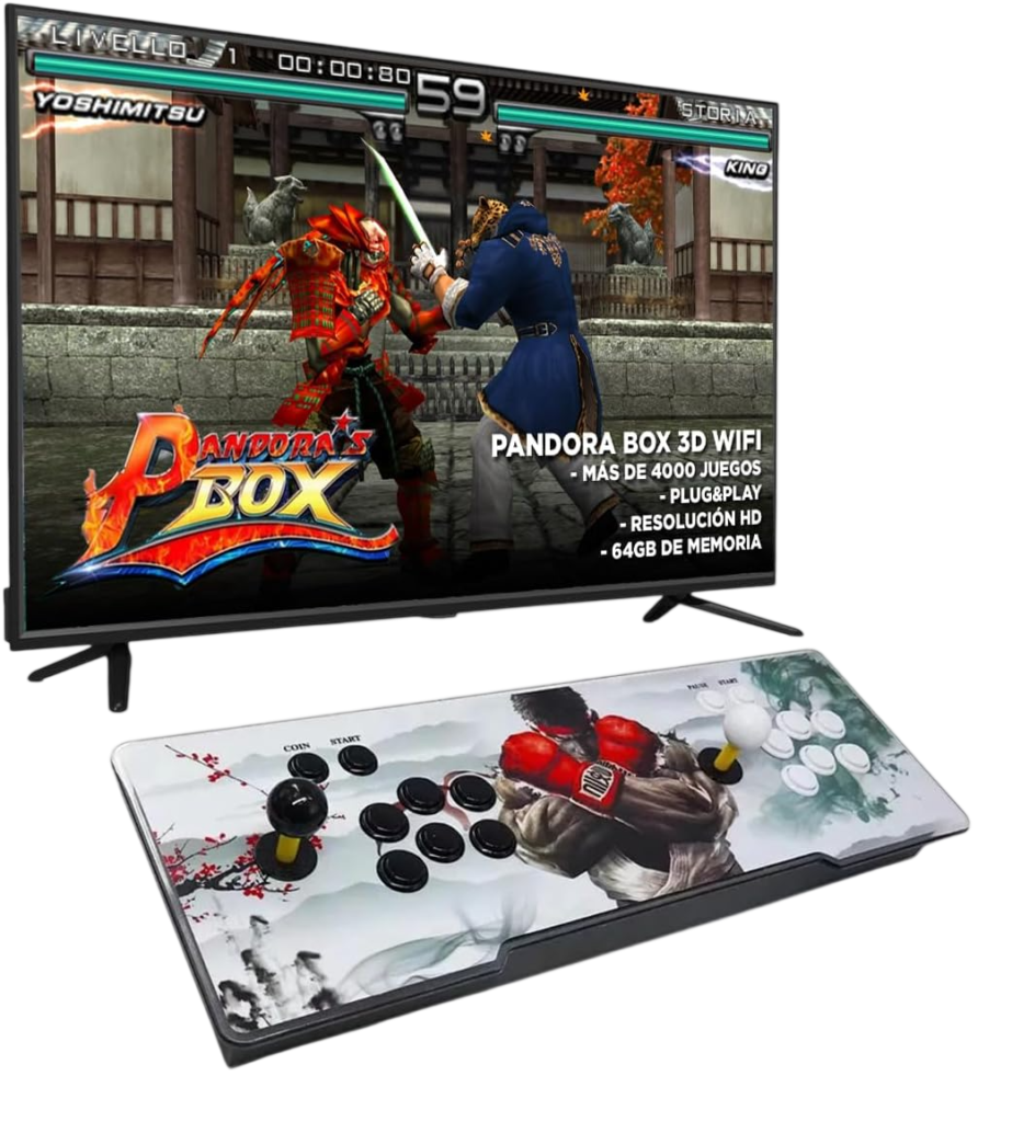 Consola arcade Pandora Box 3D WiFi con más de 4000 juegos retro y mandos arcade conectada a televisión en resolución HD