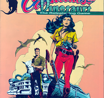 portada ilustrada de Cadillacs and Dinosaurs con los protagonistas del universo Xenozoic Tales en material promocional de GDW Games