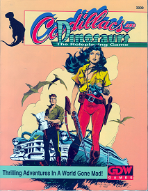 portada ilustrada de Cadillacs and Dinosaurs con los protagonistas del universo Xenozoic Tales en material promocional de GDW Games