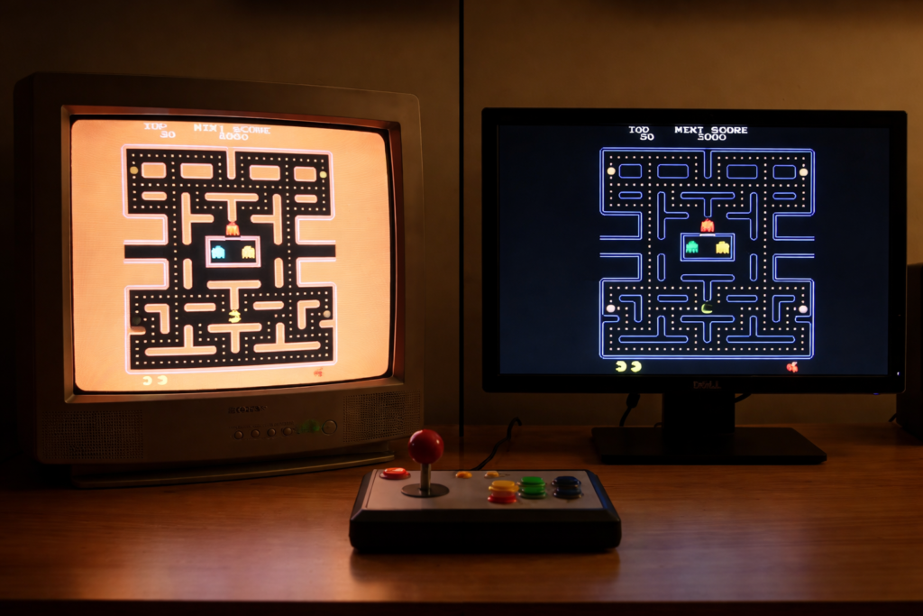 Comparativa entre monitor CRT clásico y pantalla LCD moderna mostrando Pac-Man en máquina arcade