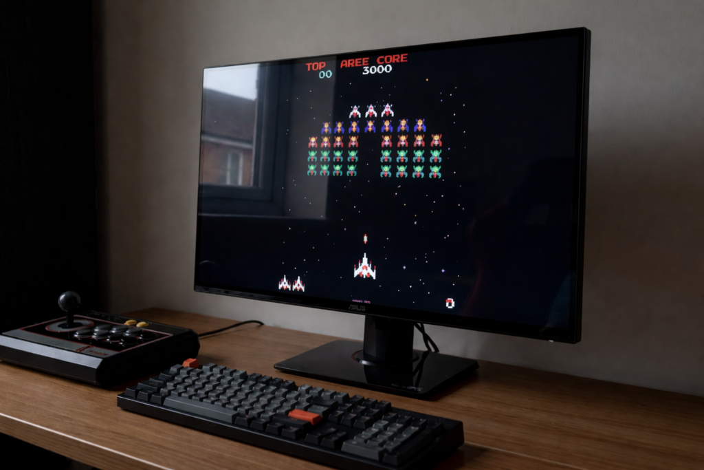 Setup arcade retro en casa con monitor ASUS, joystick arcade y teclado mecánico mostrando juego clásico estilo Galaga