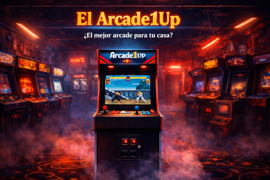 Máquina Arcade1Up en el centro con Street Fighter 2 en pantalla, ambientación arcade retro estilo años 80, ideal como arcade para casa y análisis de si es la mejor opción calidad precio