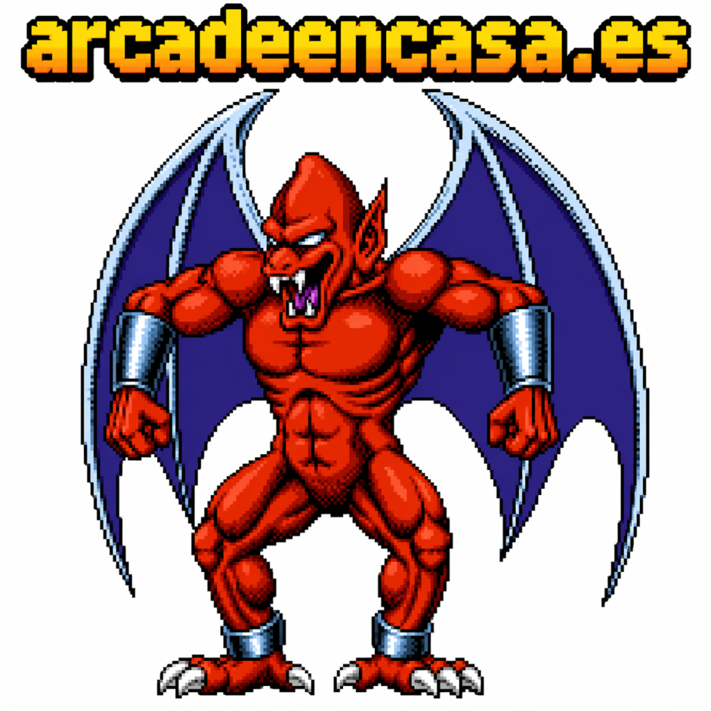 Demonio pixelado de Ghosts n Goblins estilo arcade retro con alas y estética 8 bits, imagen centrada con texto arcadeencasa.es ideal para fans del gaming clásico y máquinas arcade