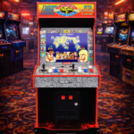 Máquina Arcade1Up Street Fighter 2 en el centro de un salón recreativo arcade de los años 80 con ambientación retro y estética clásica de videojuego