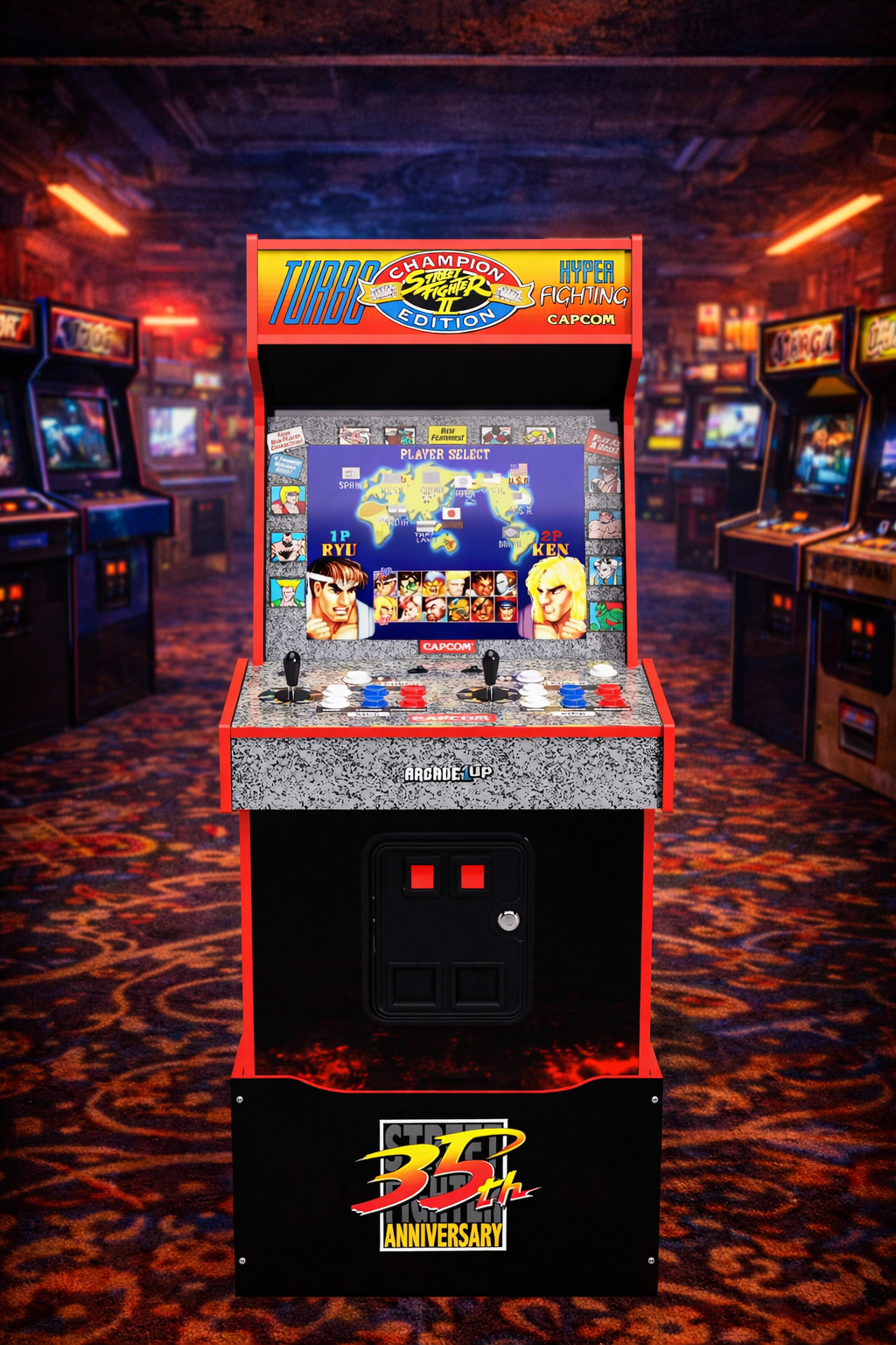 Arcade1Up Street Fighter II en salón recreativo retro