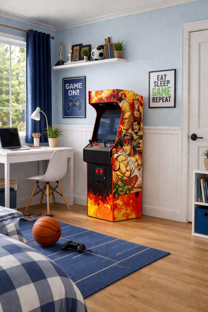 Máquina arcade de Street Fighter colocada junto a la pared en una habitación infantil luminosa de casa, con decoración juvenil y estilo arcade retro