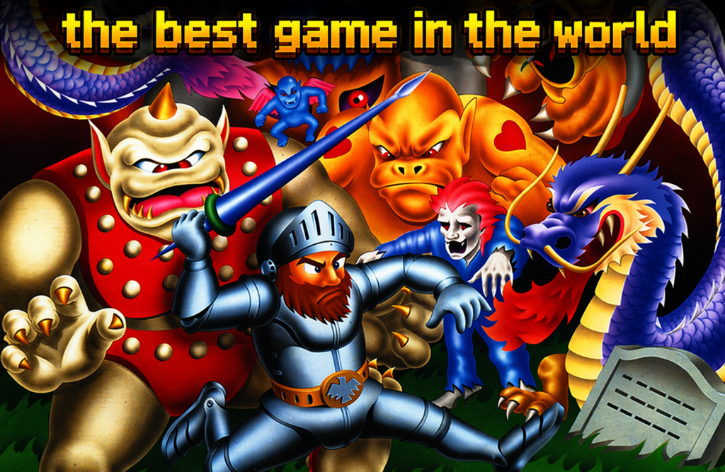 Ilustración del juego arcade Ghosts n Goblins con caballero medieval luchando contra monstruos y dragones, arte clásico retro de Capcom con texto the best game in the world, ideal para fans del gaming arcade y coleccionismo retro