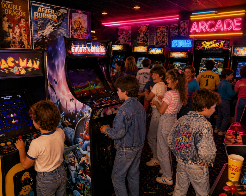 Salón recreativo de los años 80 con niños y niñas jugando a máquinas arcade clásicas como Ghosts n Goblins, ambiente retro gaming con luces neón y estética vintage de videojuegos recreativos