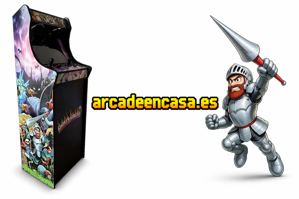 Máquina arcade Ghosts n Goblins junto a Sir Arthur con armadura y lanza, imagen retro gaming con texto arcadeencasa.es ideal para recreativas en casa y fans del juego clásico de Capcom