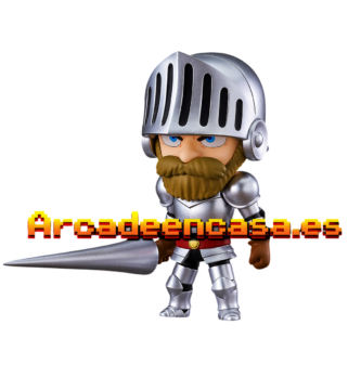 Figura de caballero estilo arcade retro con armadura plateada y lanza, diseño tipo videojuego clásico con texto Arcadeencasa.es, ideal para decoración gaming, máquinas arcade para casa y coleccionismo retro