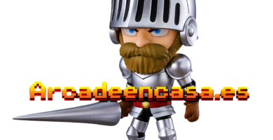 Figura de caballero estilo arcade retro con armadura plateada y lanza, diseño tipo videojuego clásico con texto Arcadeencasa.es, ideal para decoración gaming, máquinas arcade para casa y coleccionismo retro