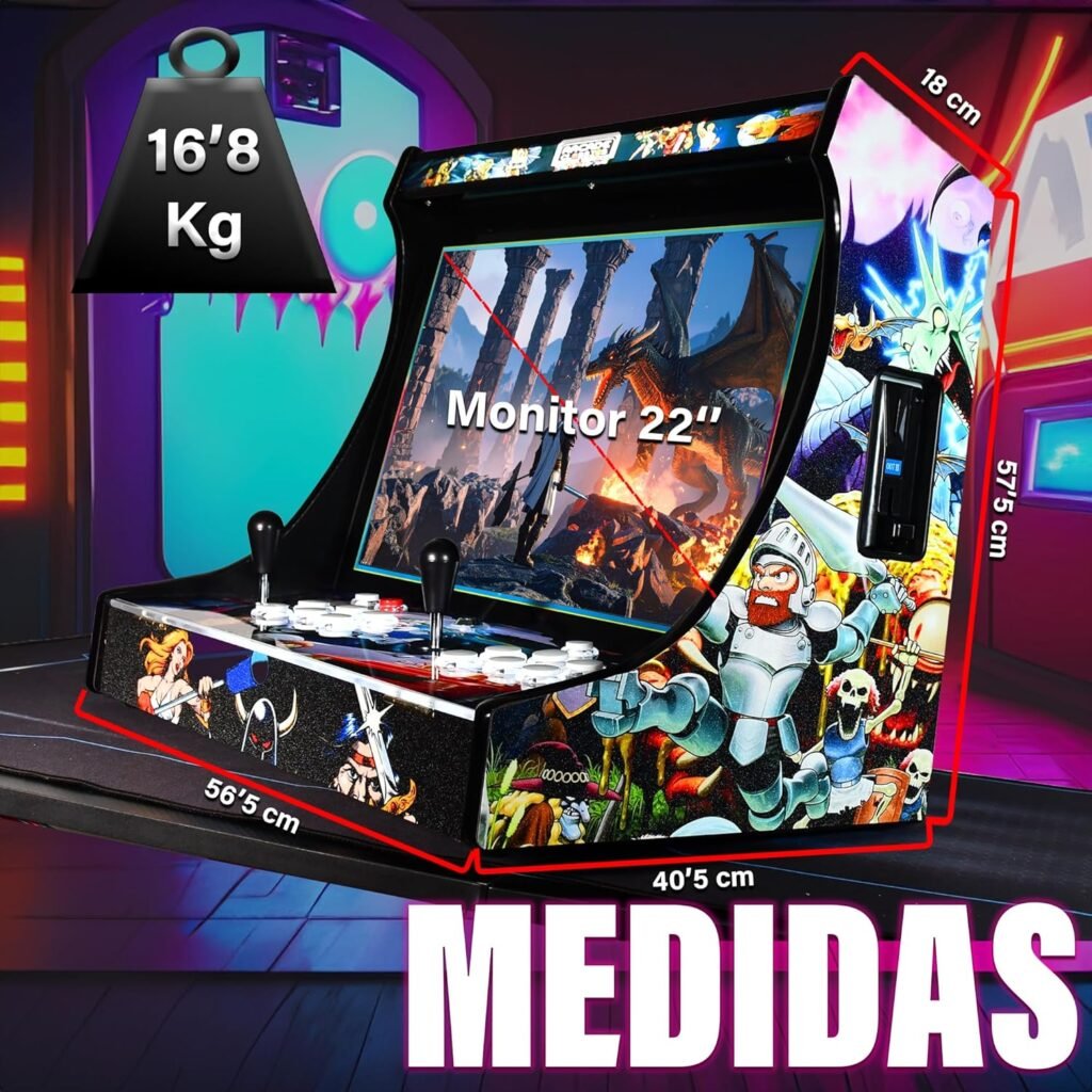 Medidas de máquina arcade retro para casa con monitor de 22 pulgadas, doble joystick, 16,8 kg de peso y diseño gaming arcade