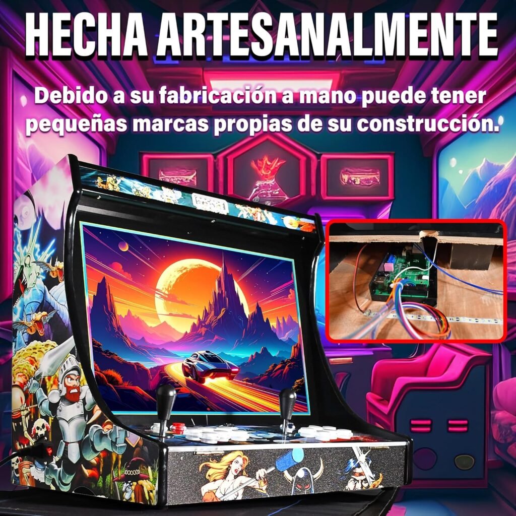 Máquina arcade artesanal para casa fabricada a mano con diseño retro gaming, doble joystick, monitor arcade y detalles de construcción manual