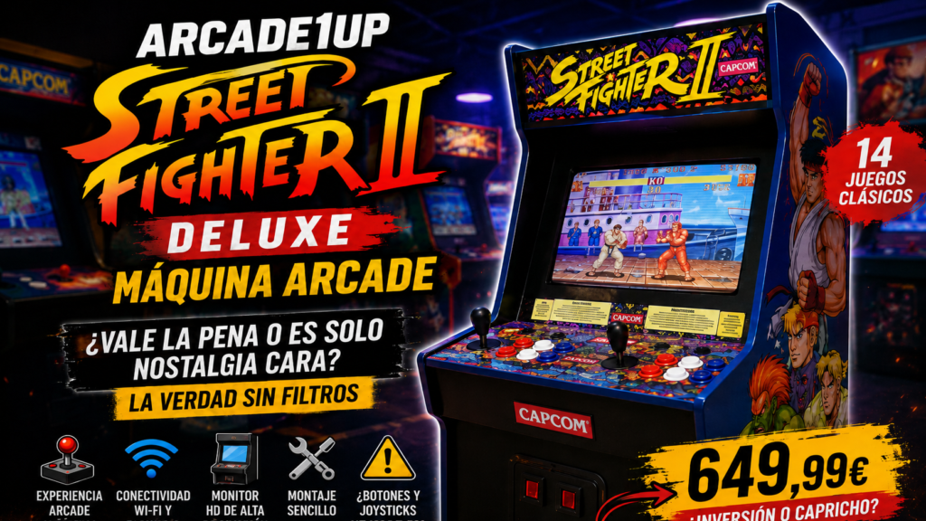 Imagen destacada de la reseña Arcade1Up Street Fighter II Deluxe Máquina Arcade con estética retro arcade, 14 juegos clásicos, conectividad Wi-Fi y precio de 649,99 euros