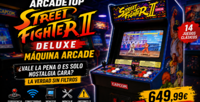 Imagen destacada de la reseña Arcade1Up Street Fighter II Deluxe Máquina Arcade con estética retro arcade, 14 juegos clásicos, conectividad Wi-Fi y precio de 649,99 euros