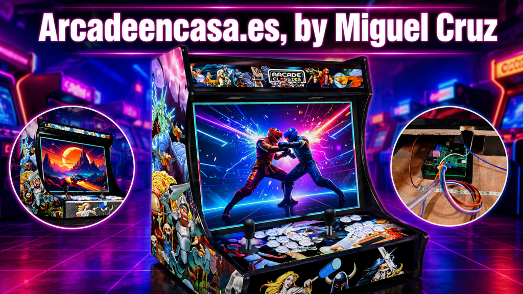 Imagen destacada de Arcadeencasa.es by Miguel Cruz con máquina arcade retro para casa, diseño gaming neón, doble joystick y estética arcade clásica