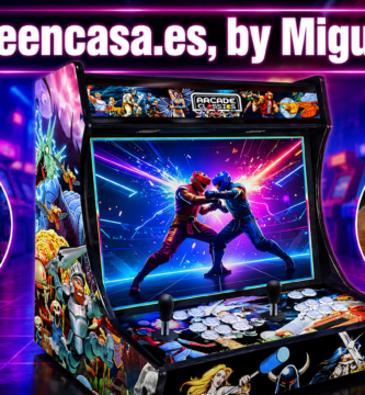 Imagen destacada de Arcadeencasa.es by Miguel Cruz con máquina arcade retro para casa, diseño gaming neón, doble joystick y estética arcade clásica