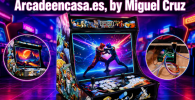 Imagen destacada de Arcadeencasa.es by Miguel Cruz con máquina arcade retro para casa, diseño gaming neón, doble joystick y estética arcade clásica