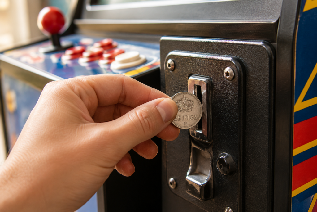 Primer plano hiperrealista de una mano introduciendo una moneda de 25 pesetas en la ranura de una máquina arcade retro, con joystick y botones clásicos de salón recreativo.