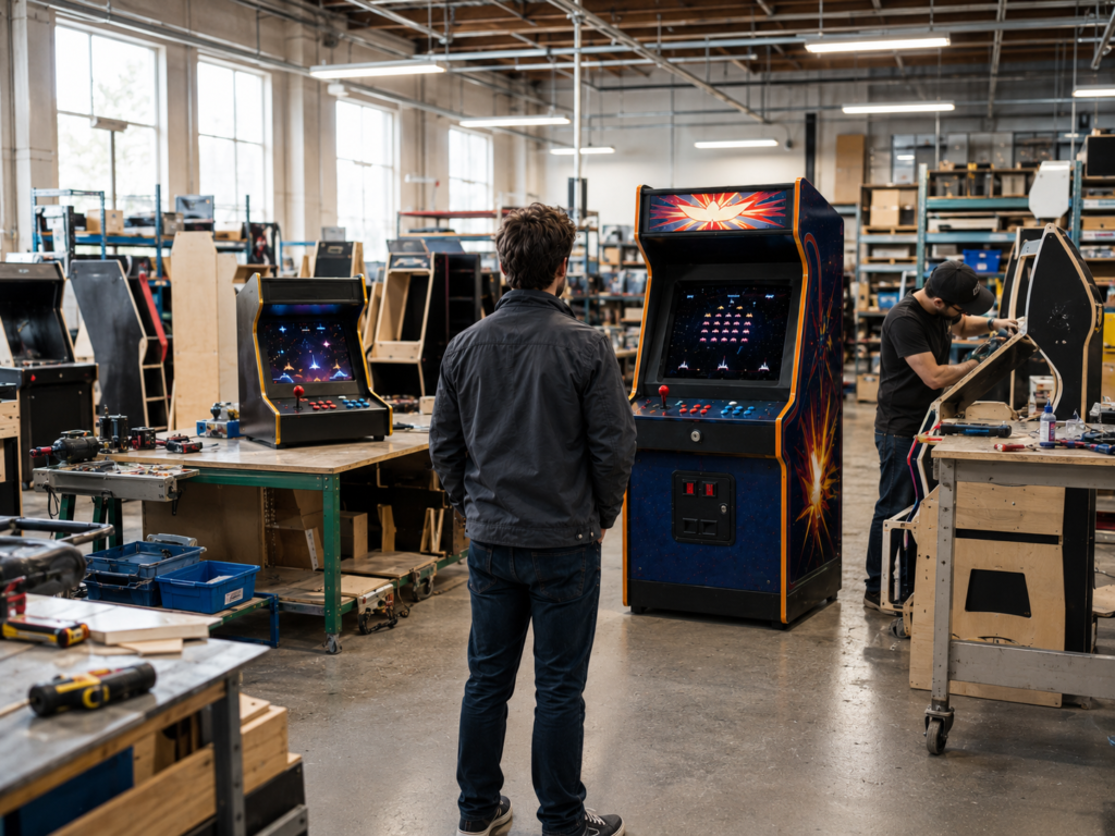Fábrica de máquinas arcade donde se comparan una bartop y una máquina arcade completa, con un trabajador construyendo un mueble arcade y una persona observando diferentes modelos recreativos retro.