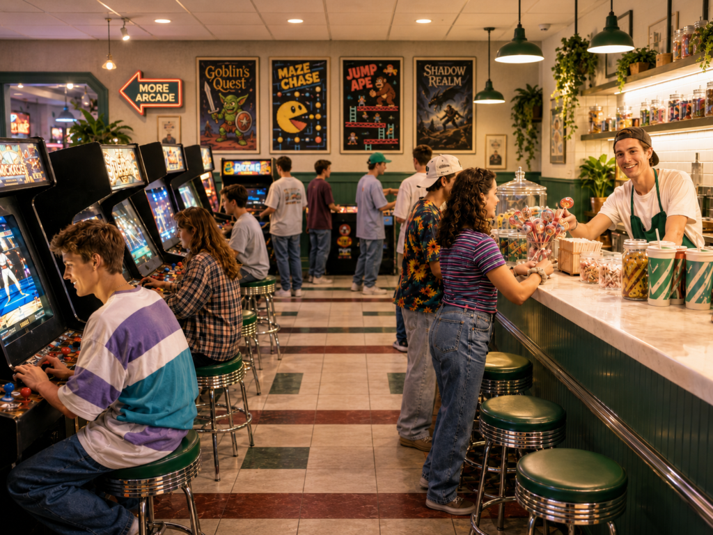 Salón recreativo de los años 90 con máquinas arcade retro, niños y niñas jugando, barra de chucherías y refrescos, trabajador sonriendo a cámara y pared decorada con pósters clásicos y señal hacia otro pasillo arcade.Select 58 more words to run Humanizer.