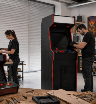 Taller profesional de fabricación de máquinas arcade y bartop en España, con trabajador y trabajadora ensamblando muebles recreativos, arcades completos y pósters de videojuegos clásicos retro.
