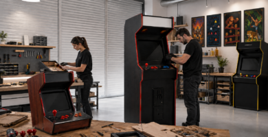 Taller profesional de fabricación de máquinas arcade y bartop en España, con trabajador y trabajadora ensamblando muebles recreativos, arcades completos y pósters de videojuegos clásicos retro.