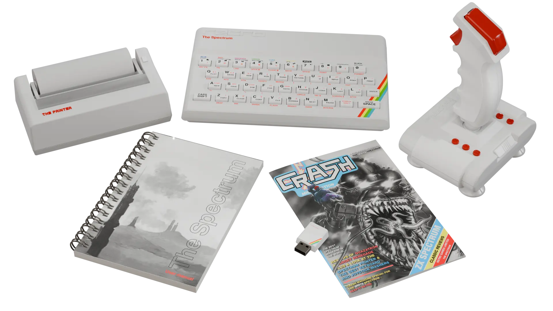 The Spectrum White Edition con teclado blanco, joystick y accesorios retro