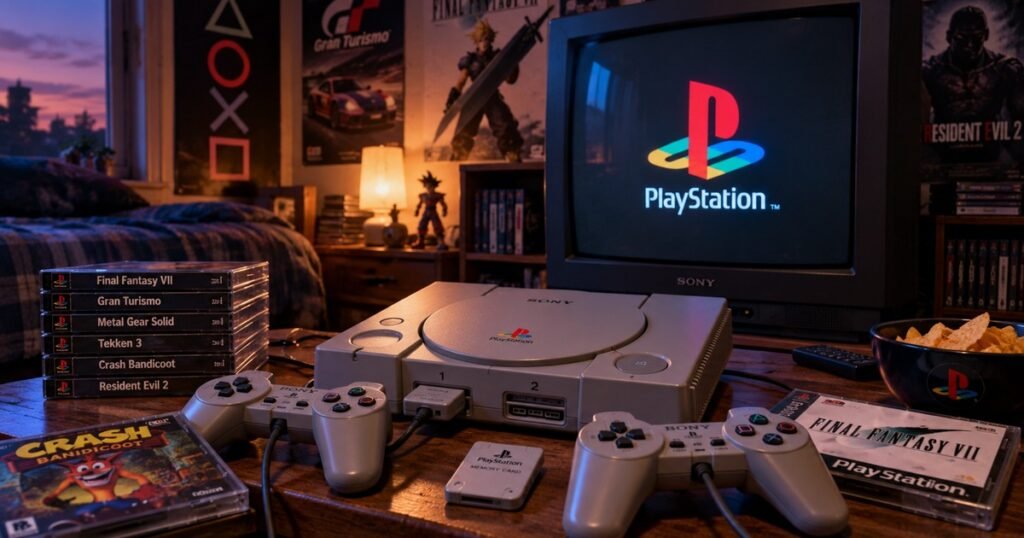 PlayStation 1 con mando, juegos y televisión CRT en una habitación retro de los años 90