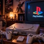 PlayStation 1 con mando, juegos y televisión CRT en una habitación retro de los años 90