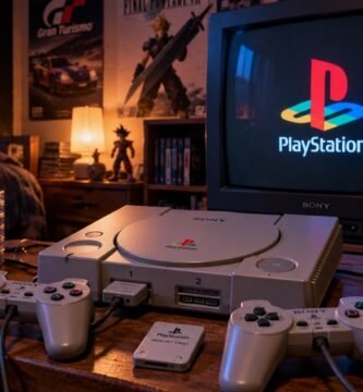PlayStation 1 con mando, juegos y televisión CRT en una habitación retro de los años 90