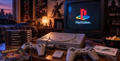 PlayStation 1 con mando, juegos y televisión CRT en una habitación retro de los años 90