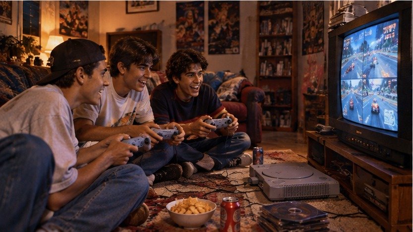 Amigos jugando juntos a una consola de la era PlayStation 1 frente a una televisión CRT