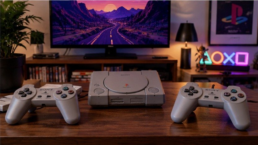 Rincón moderno inspirado en PlayStation 1 con consola gris, dos mandos y televisión